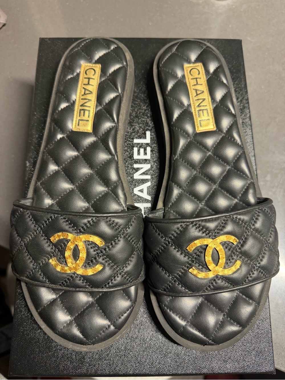 CHANEL Black Quilted Leather Slide Sandals